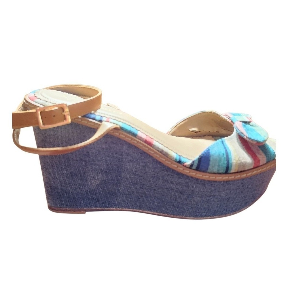 Anthropologie Rainbow Stripd Bow Wedge Sandals Women 10M Denim Platform Festival